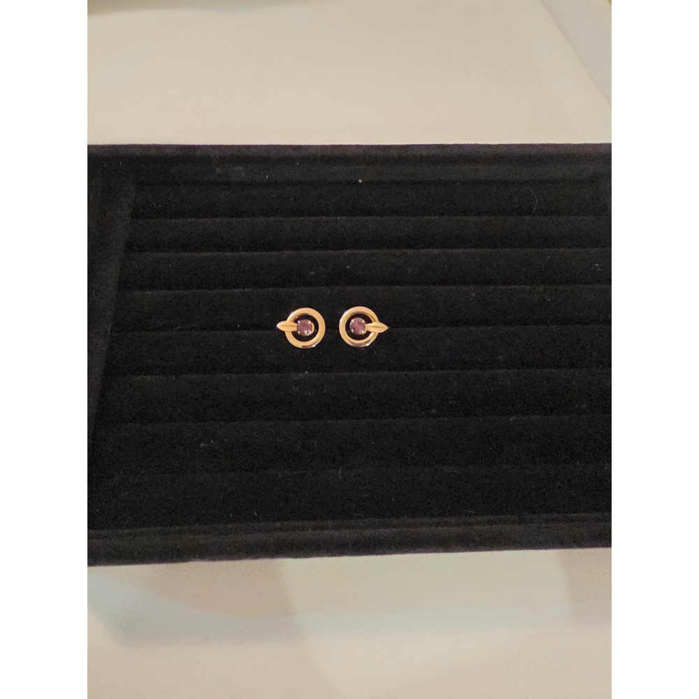 Vintage Gold Tone Purple Rhinestone Screw Back Earrings Circular Mid Century